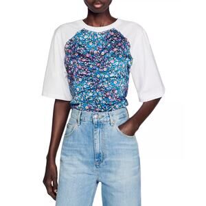 Sandro Lutetia Floral Print Mixed Media Top Open Back Tie Ruched Satin Blouse